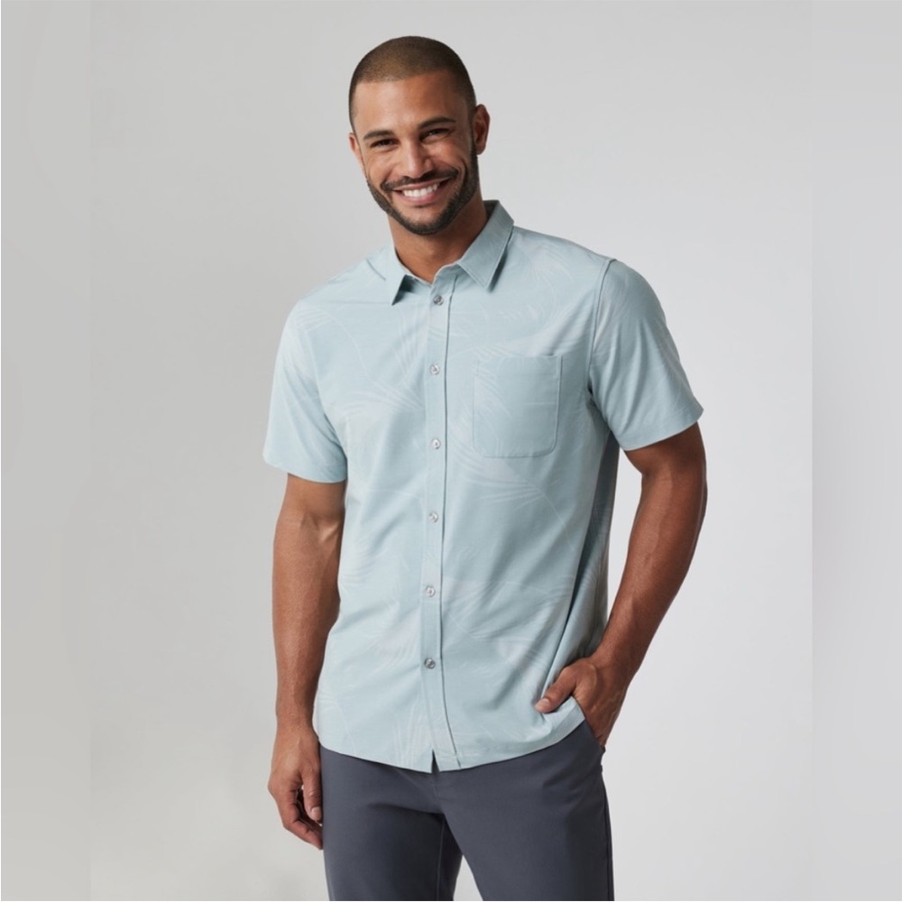 Men's Vuori Light Blue Short Sleeve Shirt with a fronds